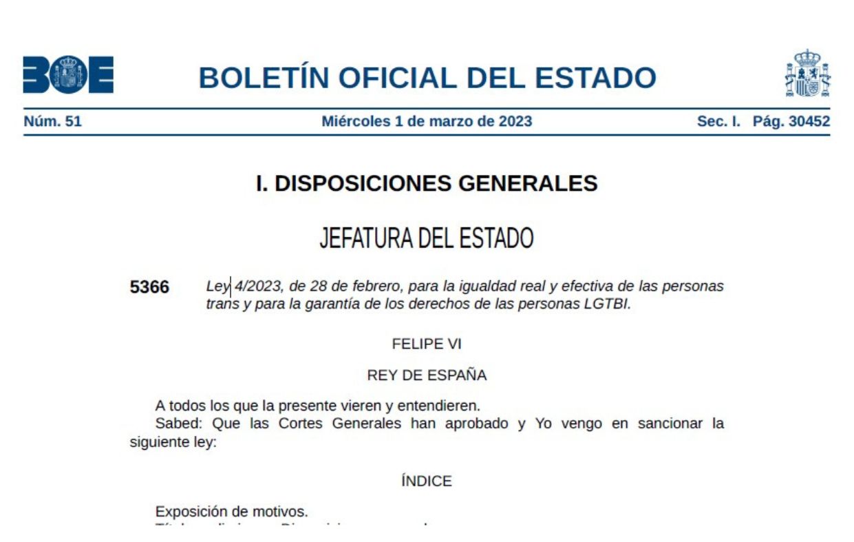Ley 4/2023, de 28 de febrero, para la igualdad real y efectiva de las personas trans y para la garantía de los derechos de las personas LGTBI